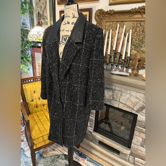 Vtg Coat Leather Lapel Havoc Black Tweed Coat Women’s 10 - Picture 7 of 9